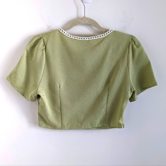 𝅺CROPPED green gingham blouse with lace trim 6 Spring Summer Twee Retro - Picture 3 of 12